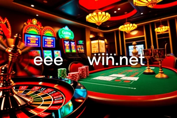 Exciting gambling scene highlighting ee88win.net with poker chips and roulette wheel, inviting players to join.