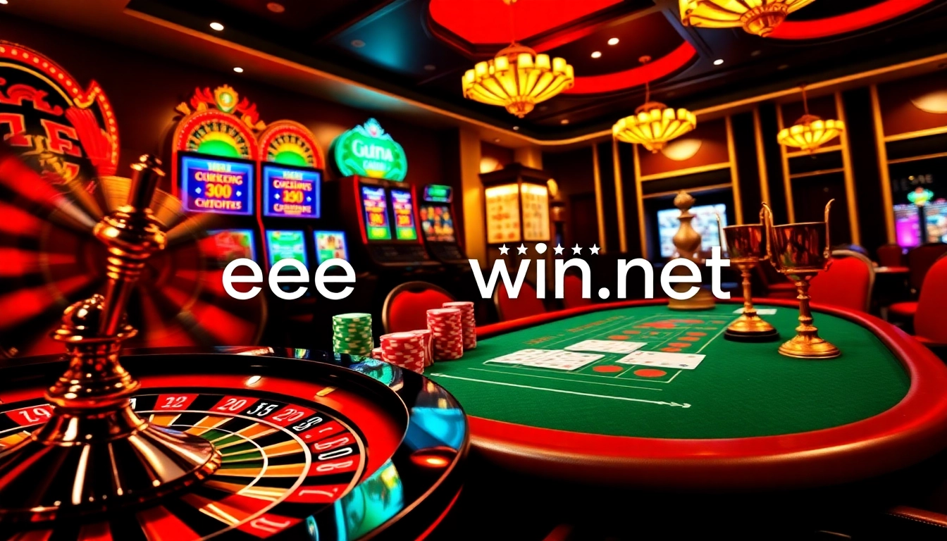 Exciting gambling scene highlighting ee88win.net with poker chips and roulette wheel, inviting players to join.