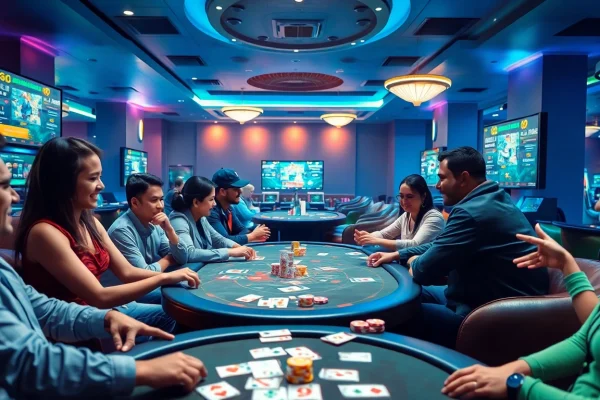 Exciting gaming lounge scene highlighting players engaged in card games at gamebaidoithuong.com.vc.