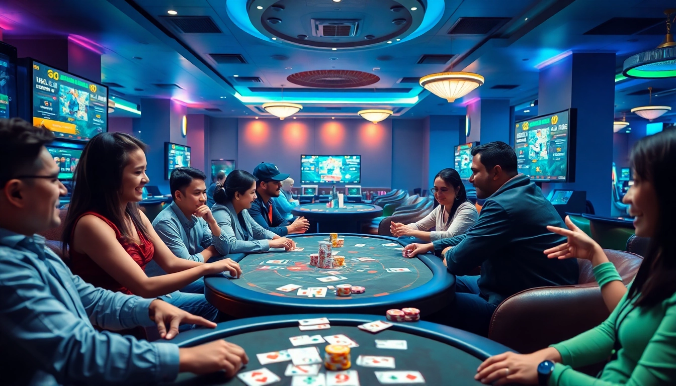 Exciting gaming lounge scene highlighting players engaged in card games at gamebaidoithuong.com.vc.