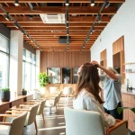 Omnia Salon's elegant interior with stylists providing precision hair services, showcasing the addendum salon experience.