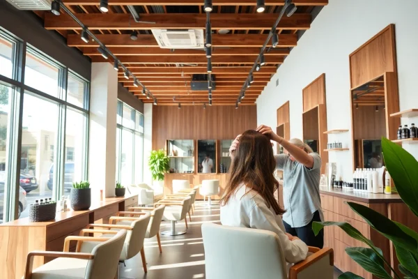 Omnia Salon's elegant interior with stylists providing precision hair services, showcasing the addendum salon experience.