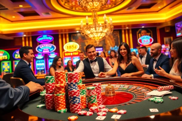 Engaging atmosphere at UU88 Casino with players enjoying roulette and slot machines.
