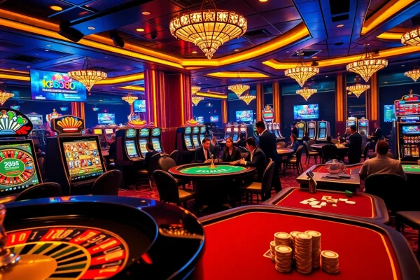 Engage in kp88 bet excitement at a luxurious casino setting with vibrant games and enthusiastic players.