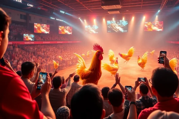 Engaging scene from a live SV368 online cockfighting event, showcasing the excitement and digital betting interface.