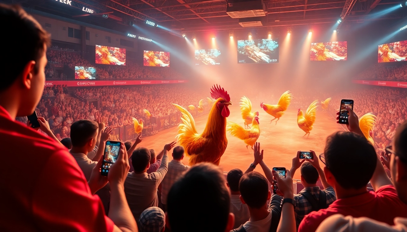 Engaging scene from a live SV368 online cockfighting event, showcasing the excitement and digital betting interface.