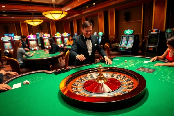 Players enjoying vibrant casino games like poker and blackjack at 88vv's gaming tables.