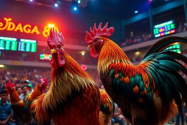 DAGA88 live betting scene capturing chicken fighting excitement and vibrant atmosphere surrounded by enthusiastic spectators.