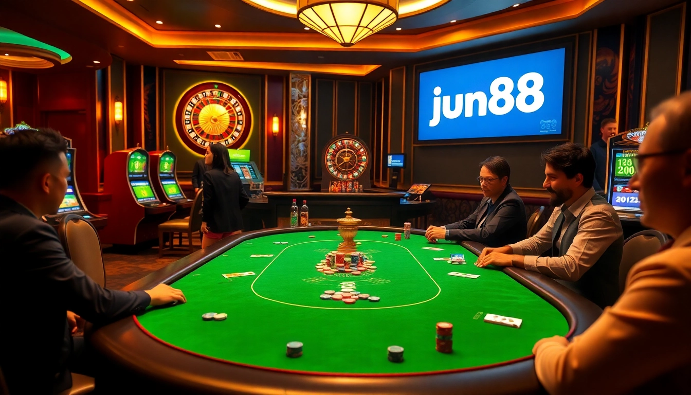 Experience the excitement of jun88 đăng nhập at a high-stakes poker table within a luxurious casino.