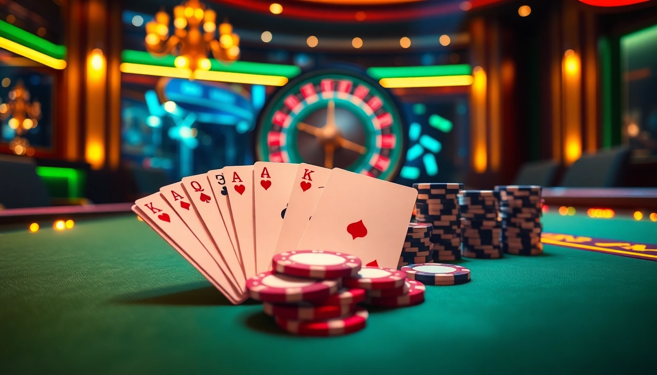An exciting virtual casino experience at 69vn.gb.net featuring poker chips, cards, and a roulette wheel.