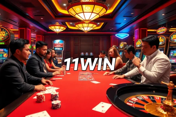 Engaging gameplay at nhà cái 11WIN's vibrant casino tables with cards and chips.